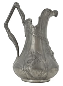 Antique German Kayserzinn Pewter Pitcher with Horned Devil Art Nouveau Decoration