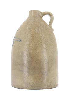 Antique Salt Glaze Earthenware Jug: Antique Salt Glaze Earthenware Jug. Traditional shape with an "M" stamped into the side near the bottom directly below the handle. Scribbled blue lines adorn the front, almost like an abstract image o