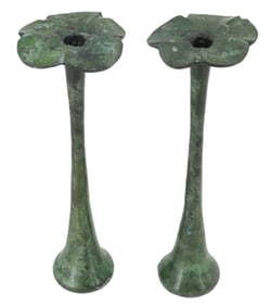 Pair of Vintage Art Nouveau Green Metal Flower Stalk Candlesticks