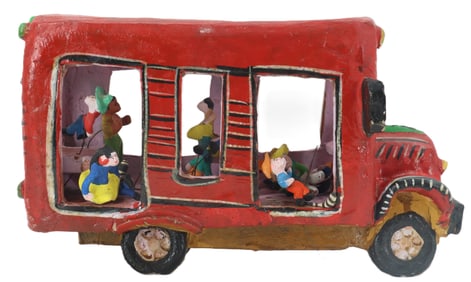 Mexican Folk Art Ceramic Bus with Figures - AS IS