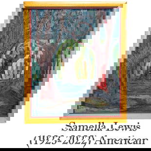Samella Lewis (1923-2022) American, Oil on Canvas: Samella Lewis (1923-2022) American, Oil on Canvas. Signed and dated. Abstract artwork with trees. Darker colors of red, blue, black, and a lighter green. The theme depicts her childhood trauma. Proven