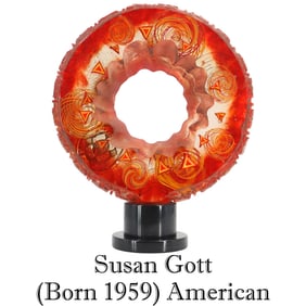 Susan Gott (Born 1959) American, Large Wheel Art Glass Sculpture on Marble Base
