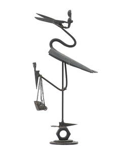 Brutalist Wrought Iron Assemblage Art Heron Statue: Brutalist Wrought Iron Assemblage Art Heron Statue. Sculpture of wrought iron fragments assembled into the form of a tall wading bird, such as a heron or crane. Size: 7 x 14 in. &nbsp; Assemblage art