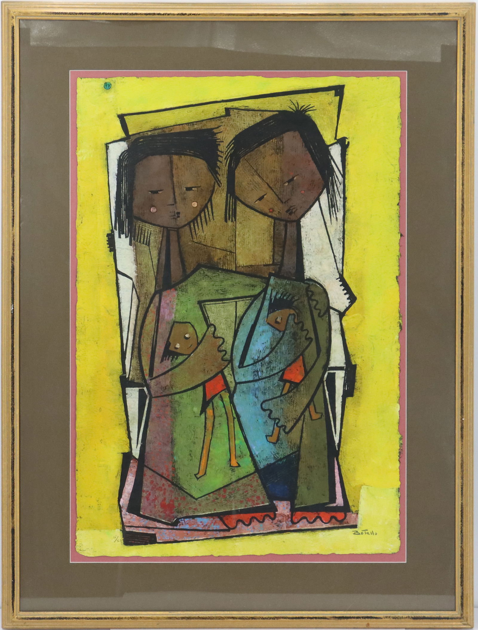 Angel Botello (1913-1986) Linocut Dos Chicas con Munecas: Angel Botello Dos Chicas con Munecas (ca. 1975). Ángel Botello (1913–1986) was a Spanish-born artist who became a prominent figure in Caribbean and Puerto Rican modern art. Born in Cangas de Morraz