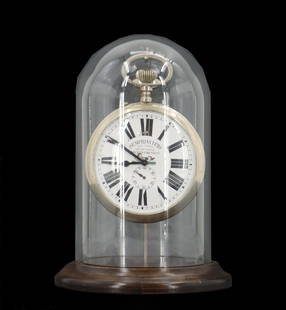 1902 Brass Locomotive Pocket Watch in Glass Case: 1902 Brass Locomotive Pocket Watch in Glass Case. Antique brass case locomotive conductor&#39;s pocket watch&nbsp;in glass display case. Marked on vase, &quot;Semprinvitto / Mai Vinto / Invincible / S