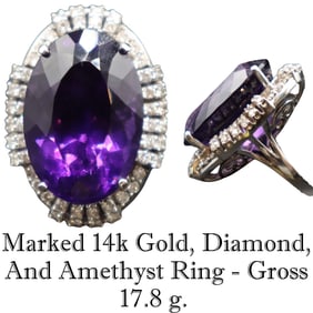 Marked 14k Gold, Diamond, And Amethyst Ring - Gross 17.8 g.
