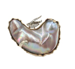 Misha 14k Gold, Diamond, and Bubble Pearl Scarf Pin - Gross 26.5 g.