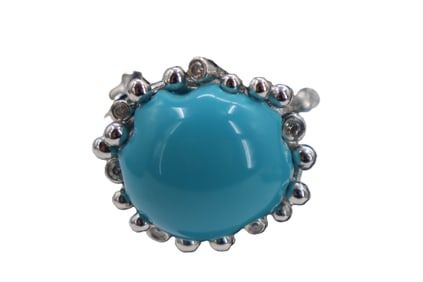 18k Gold, Natural Turquoise, And Diamond Ring - Gross 13.7 g.