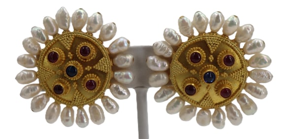 Pair of Greek 18k Gold, Pearl, Ruby, And Sapphire Earrings - Gross 32 g.