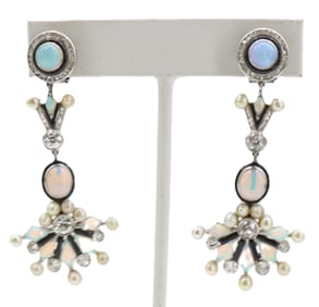 Pair of Tested 18k Gold, European Diamond, Black Enamel, Pearl, and Opal Earrings -  Gross 22.3 g.