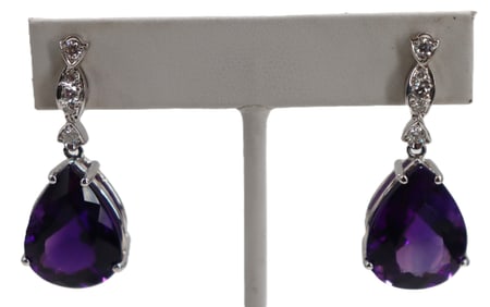 Pair of Marked 14k Gold, Diamond, And Amethyst Earrings - Gross 13 g.