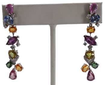 Pair of 18k Gold, Diamond, And Multiple Semiprecious Stones Chandelier Earrings - Gross 12.8 g.