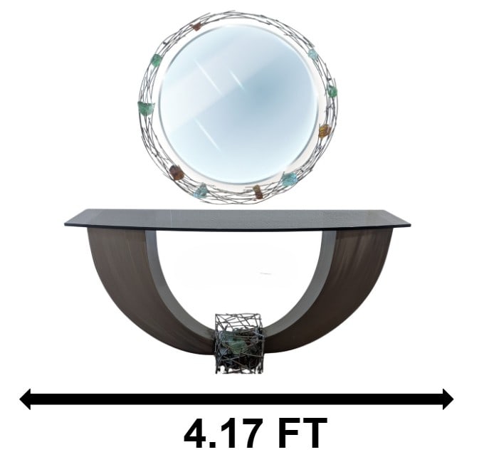 Girardini Design Modernist Console Table With Mirror and Healing Crystals: Girardini Design Custom Made Console Table With Mirror and Healing Crystals. Console Table is a u shaped design with brushed chrome like finish. A cage of crystals sit within the bottom center. A piec