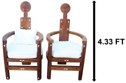 (2) Ashanti Ghanaian Figural Arm Chairs in Boxwood and Resin with Cotton Cushions