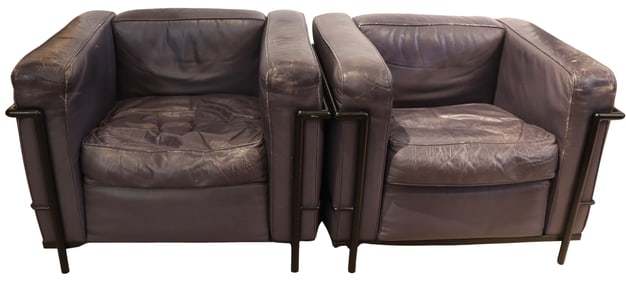 Pair of LeCorbusier Style Mauve Leather Arm Chairs