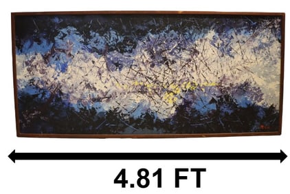 Large Signed Blue Abstract Circa 1960 Oil on Masonite