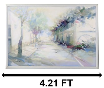 Large Signed Abstract Street Scene with Birds Pastels on Canvas