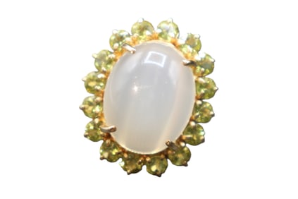 Marked 14k Gold, Cats Eye Moonstone, And Peridot Ring - Gross 12.5 g.