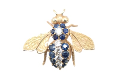Tested 14k Gold, Blue Topaz, and Diamond Brooch - Gross 9 g.