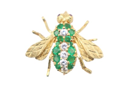 Marked 18k Gold, Emerald, and Diamond Brooch - Gross 4.9 g.