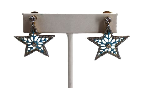 Pair of Marked 18k Gold, Diamond, And Blue Enamel Earrings - Gross 9 g.