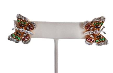 Pair of  Marked 18k Gold, Diamond, Ruby, Emerald, And Sapphire Butterfly Clip-On Earrings - Gross