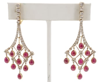 Pair of Tested 14k Gold, Diamond, and Cabochon Ruby Clip on Earrings - Gross 14.5 g.