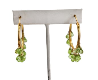 Pair of Tested 18k Gold And Peridot Hoop Earrings - Gross 10.6 g.