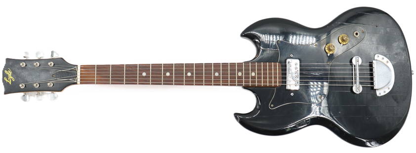 1970's Lyle SG Black Electric Guitar: 1970&#39;s Lyle SG Black Electric Guitar.&nbsp; Black case. Comes with Guitar Method Grade 1 booklet.&nbsp; Case Size:&nbsp;42 x 14 x 4 in.&nbsp; Guitar Size: 38 x 15 in.&nbsp;