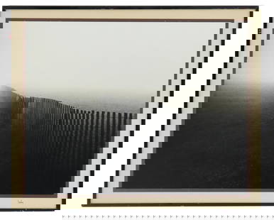 John Bradley (20th Century) American, Landscape Photo Print: John Bradley (20th Century) American, Landscape Photo Print. Monochroe landscape photograph depicting an old wood board fence cutting across a misty field. Signed lower right. Framed. Includes persona
