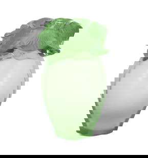 French Lalique "Saint Barth" Green Crystal Vase: French Lalique &quot;Saint Barth&quot; Green Crystal Vase. Green crystal glass vase with ruffled flower petal rim. Incise Lalique signature on base. Condition: Small chip on foot, as pictured. Size: 1