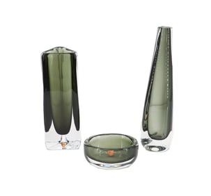 (3) Nils Landberg for Orrefors Dusk Green Glass - (2) Vases and Ash Tray