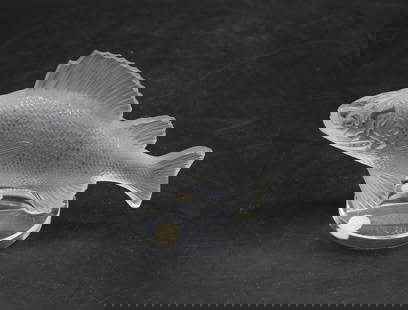 Vintage French Lalique Frosted Crystal "Perche" Fish Figurine: Vintage French Lalique Frosted Crystal &quot;Perche&quot; Fish Figurine. Highly detailed finned fellow, originally designed in 1929 as a car mascot and continued after World War II as a paperweight. S