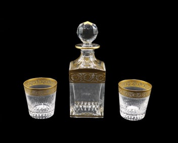 French Saint-Louis Crystal Thistle Gold Pattern Whiskey Carafe and (2) Glasses