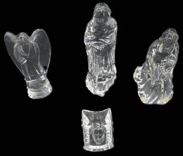(4) French Baccarat Crystal Religious Figures: (4) French Baccarat Crystal Religious Figures. Includes an angel, Mary, Joseph, and the Baby Jesus in a bassinet. Each has the word Baccarat etched along the bottom edge and the company stamp on the u