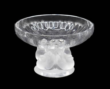 French Lalique Footed "Nogent" Glass Compote Bowl: French Lalique Footed &quot;Nogent&quot; Glass Compote Bowl. Designed by Marc Lalique in 1966, the satin finish on the birds contrasts with the transparency of the bowl. Signed on the base.&nbsp; Cond