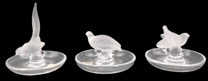 (3) French Lalique Crystal Bird Ring Holders