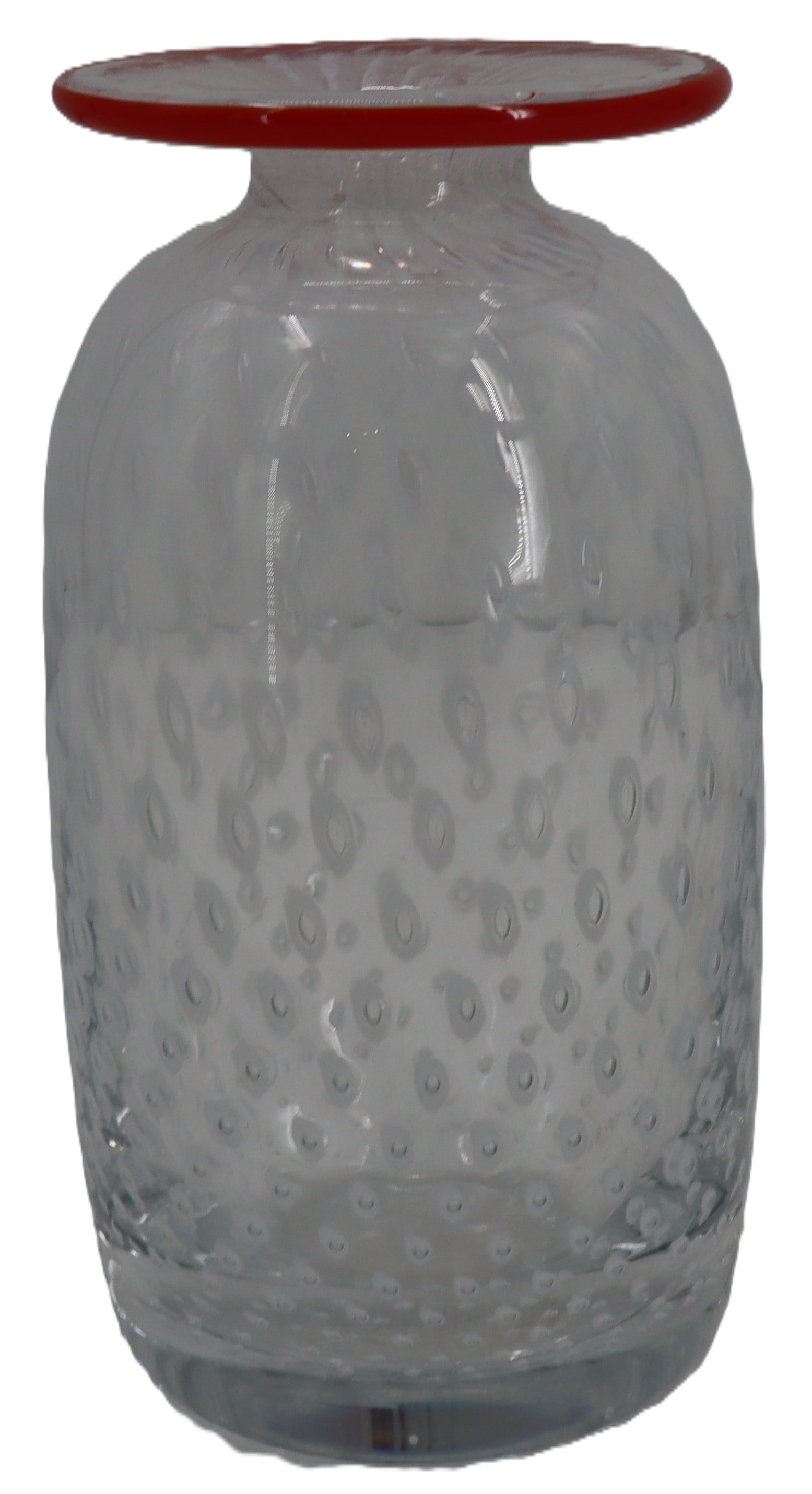 Bertil Vallien (1938-2018) Kosta Boda Glass Vase: Bertil Vallien (1938-2018) Kosta Boda Glass Vase. Controlled bubble design with applied red glass rim. Signed on the underside. Size: 3 1/2 x 3 1/2 x 6 1/2 in. Kosta Boda, o