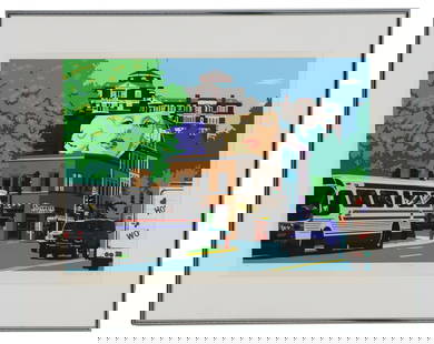 Adrienne T. Beck (20th Century) American, "Marilyn" Signed Artist's Proof Serigraph: Adrienne T. Beck (20th Century) American, &quot;Marilyn&quot; Signed Artist&#39;s Proof Serigraph. Depicts a busy road in a town with a large image of Marilyn Monroe looming over the street, all in a