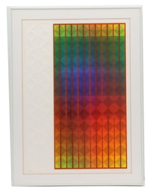 Audrey Kuhn (Born 1929) American, Abstract Geometric Embossed Rainbow Lithograph