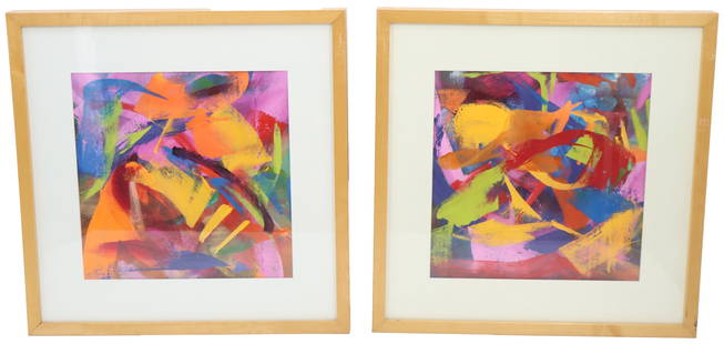 (2) Acrylic on Canvas Abstract Compositions: (2) Acrylic on Canvas Abstract Compositions. Lot comprised of two brightly colored acrylic on canvas abstract&nbsp;compositions of heavy, bold colors in kinetic, expressionist brush strokes. Unsigned.