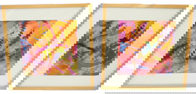(2) Acrylic on Canvas Abstract Compositions: (2) Acrylic on Canvas Abstract Compositions. Lot comprised of two brightly colored acrylic on canvas abstract&nbsp;compositions of heavy, bold colors in kinetic, expressionist brush strokes. Unsigned.