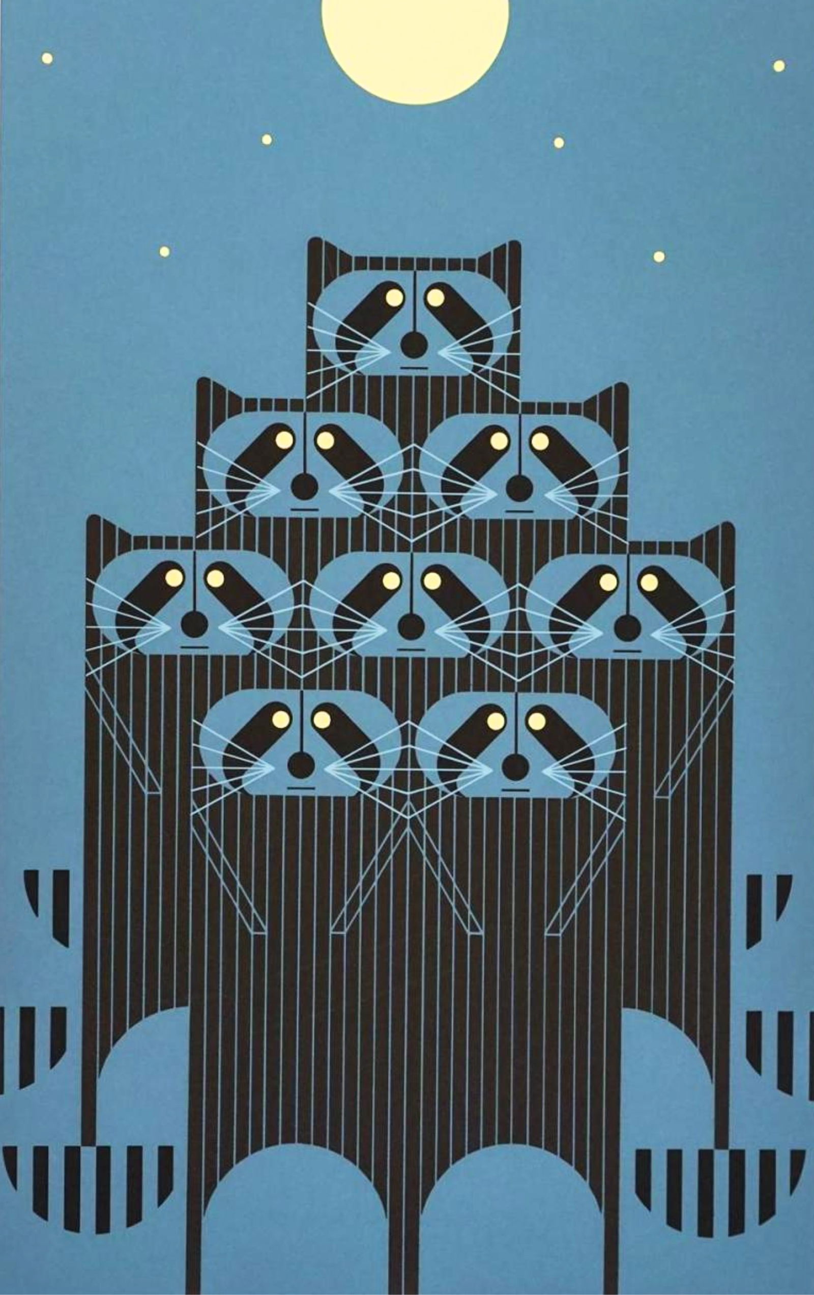 Charley Harper (1922-2007) American, Raccoon Serigraph "Raccpack": Charley Harper (1922-2007) American, Raccoon Serigraph "Raccpack". Depicting a pack of raccoons (hence raccpack) all staring at you with intent under a moon and starlit sky. Numbered lo