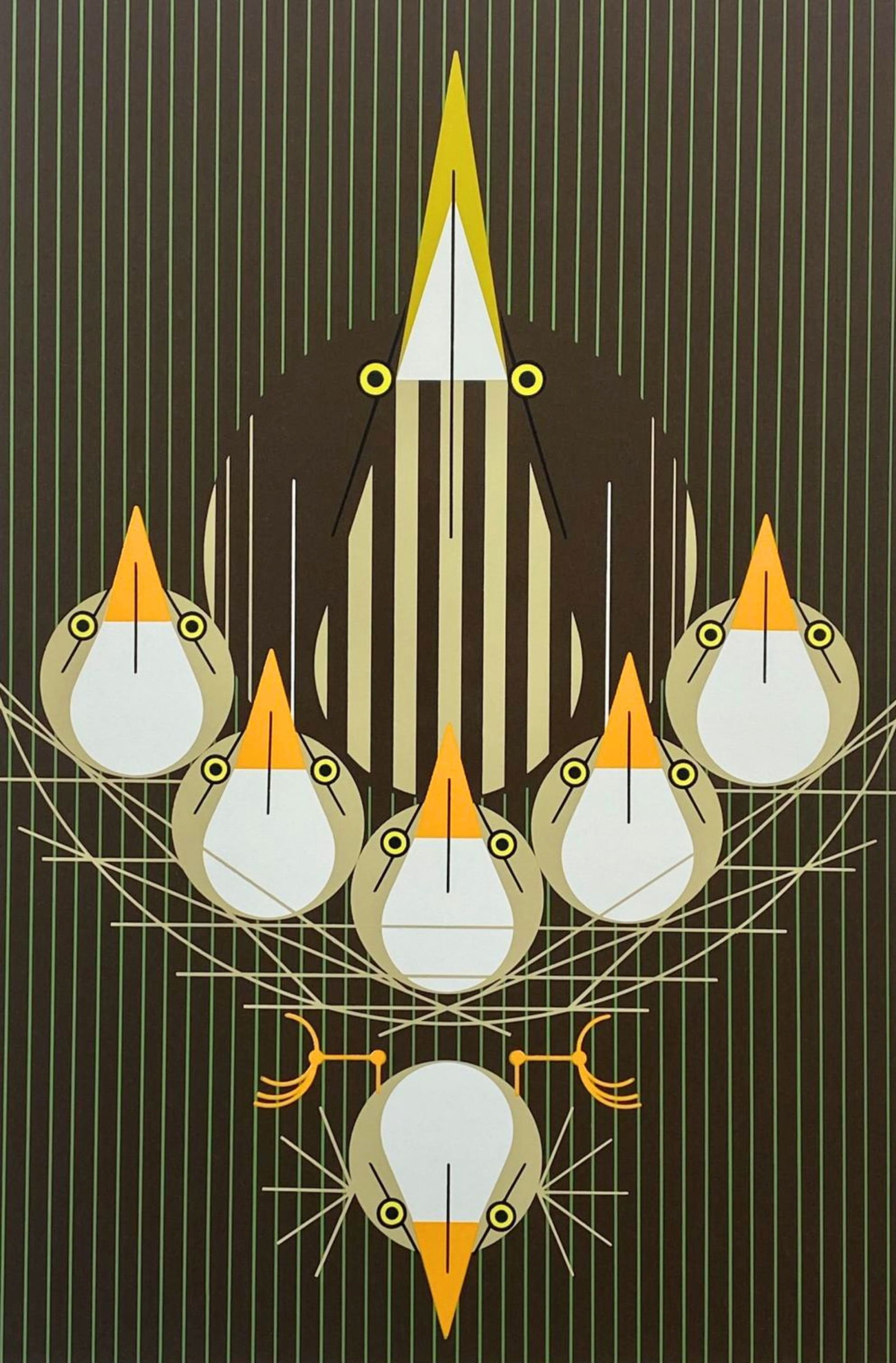 Charley Harper (1922-2007) American, Bittern Birds Serigraph "Bittern Suite": Charley Harper (1922-2007) American, Bittern Birds Serigraph "Bittern Suite". Depicting bittern birds huddled together with momma bittern. Numbered lower left 1058/2500. Signed lower right.