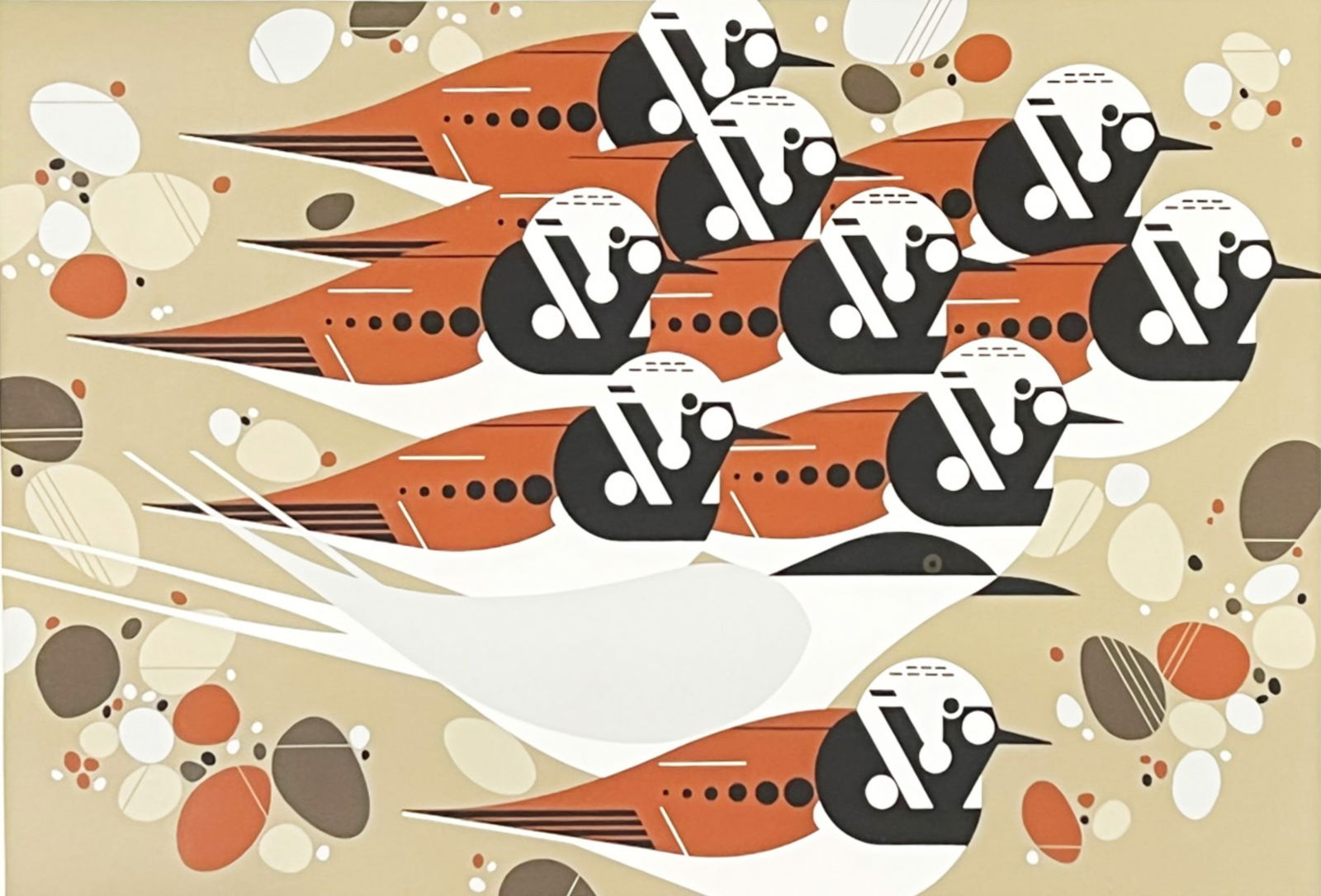 Charley Harper (1922-2007) American, Birds Serigraph "Tern, Stones, and Turnstones": Charley Harper (1922-2007) American, Birds Serigraph "Tern, Stones, and Turnstones". Depicting birds facing the same direction on a beach surrounded by stones (based on the description, like