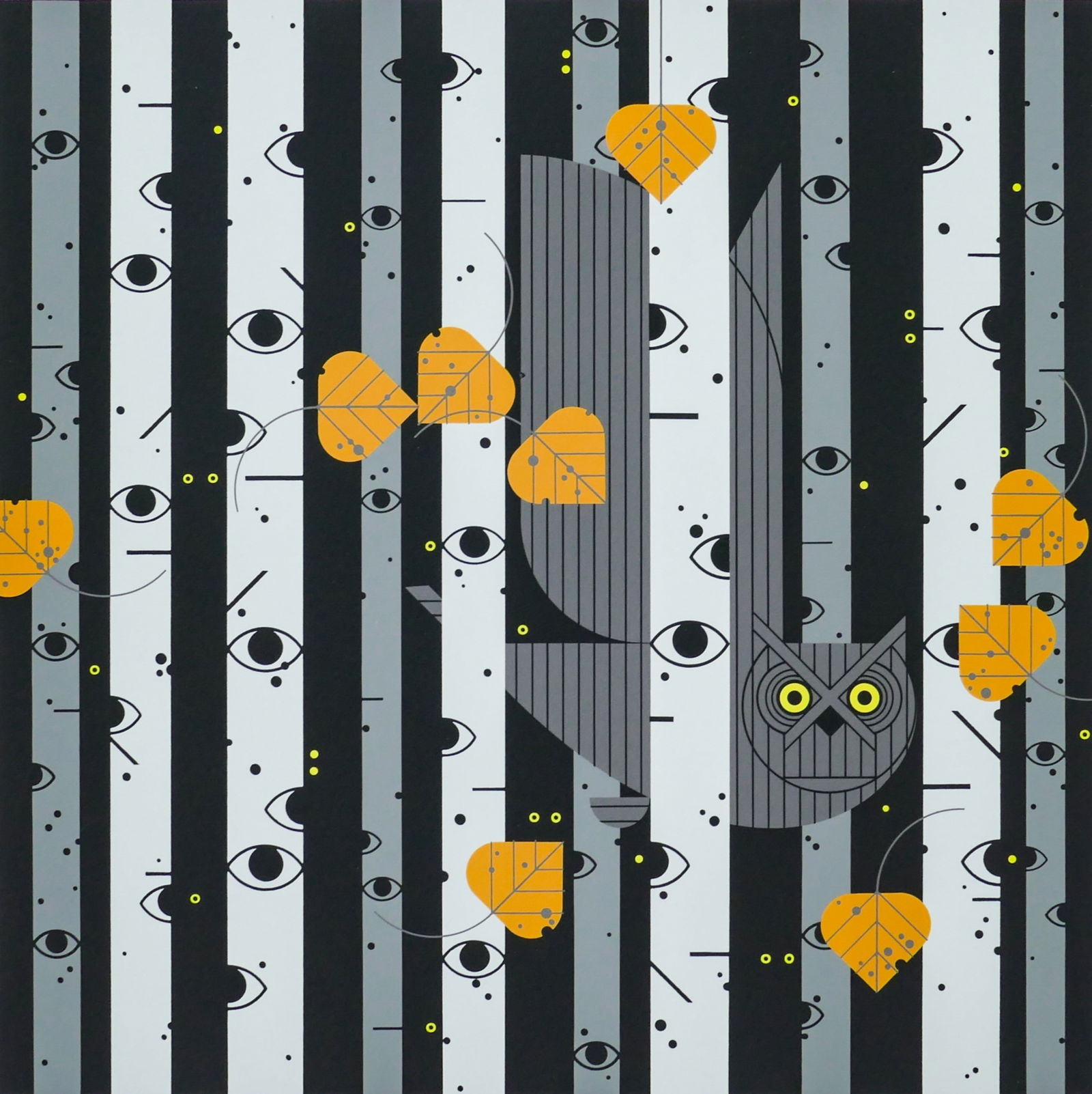 Charley Harper (1922-2007) American, Owl Serigraph "Bark Eyes": Charley Harper (1922-2007) American, Owl Serigraph "Bark Eyes". Depicting a prominent owl amongst the trees with other eyes and leaves. There are other yellow eyes with more owls in the tree