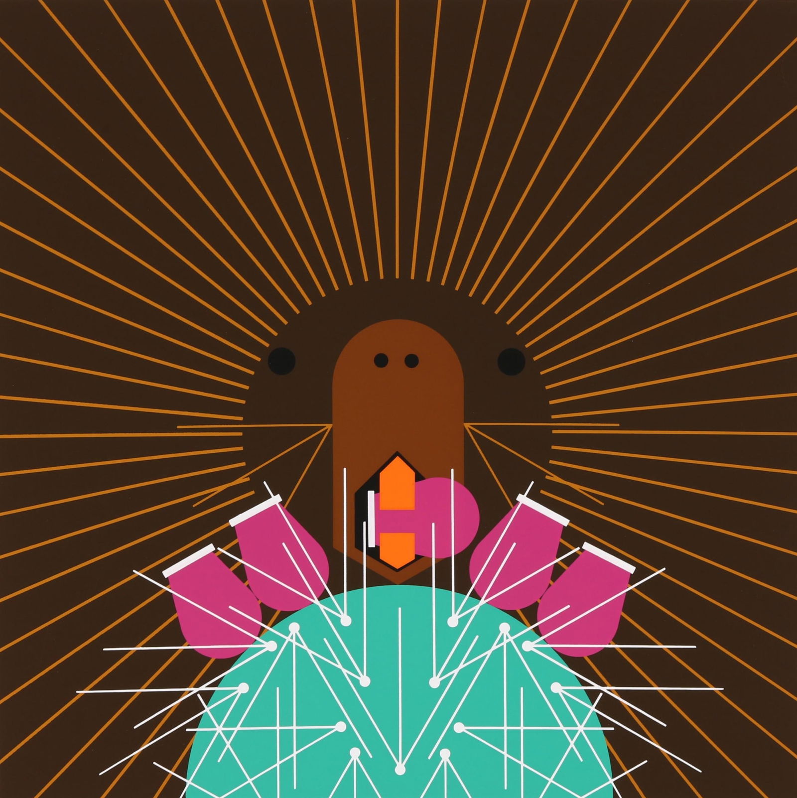 Charley Harper (1922-2007) American, Porcupine Serigraph "Prickly Pair": Charley Harper (1922-2007) American, Porcupine Serigraph "Prickly Pair". Depicting a porcupine being partially hidden by a cactus with flowers. Numbered lower left 1058/1500. Signed lower ri