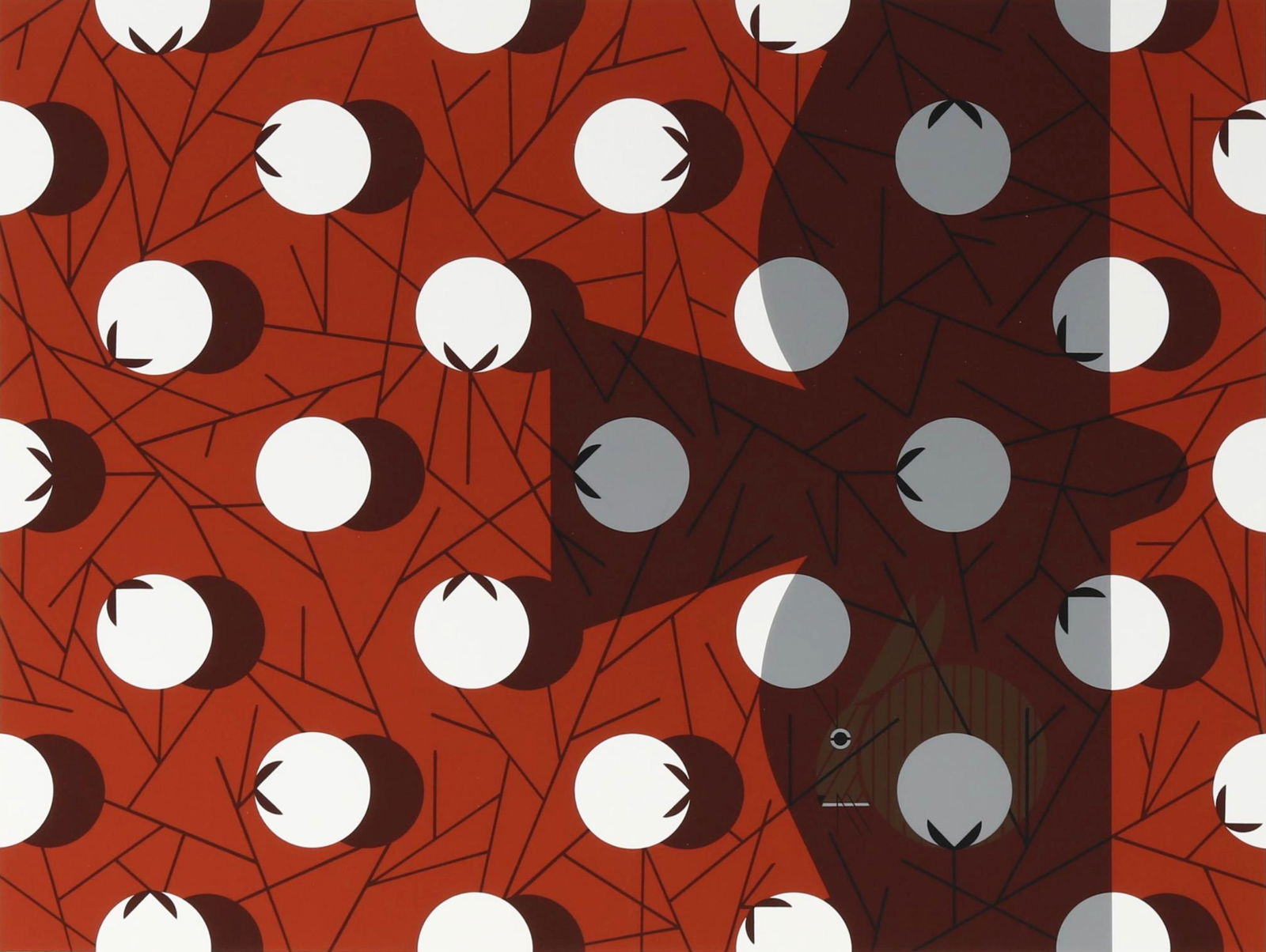 Charley Harper (1922-2007) American, Rabbit Serigraph "Cottontail in a Cottonfield": Charley Harper (1922-2007) American, Rabbit Serigraph "Cottontail in a Cottonfield". Depicting a rabbit hiding from a bird flying overhead in a cotton field. Numbered 580/1000 in the lower l