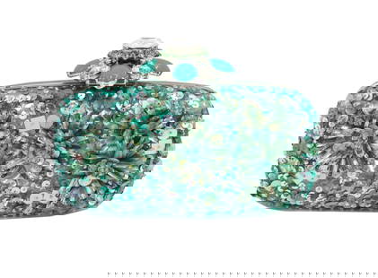 Oscar de la Renta Clutch: Oscar de la Renta Clutch.&nbsp; Exterior covered in an array of sequins and beads. Three distinct floral patterns. Jeweled clasp. Lined with teal fabric. Name on inside.&nbsp; Comes with small mirror.
