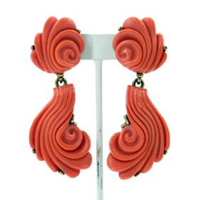 Pair of Oscar De La Renta Resin Coral Colored Clip-On Earrings